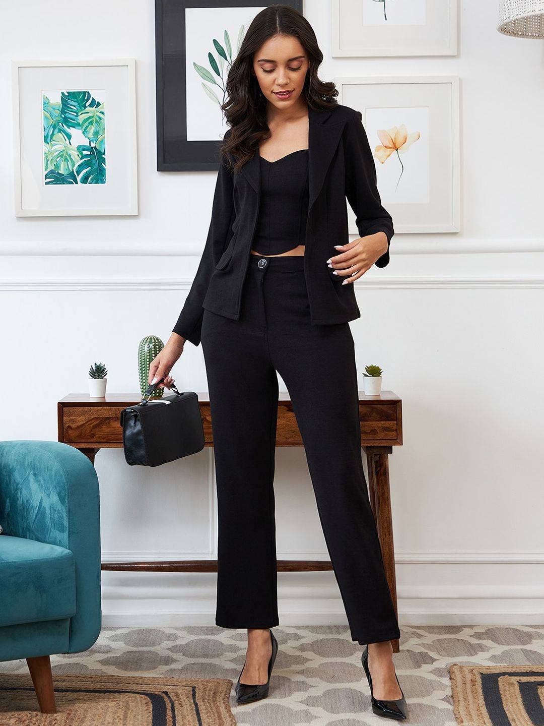 Athena Women Black Solid Top & Jacket With Trouser Co-Ords