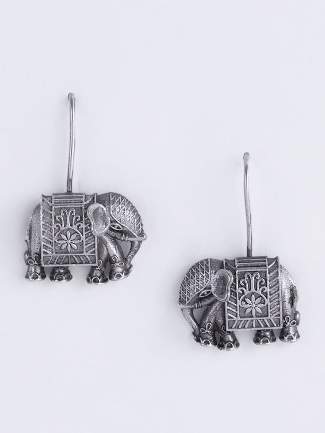 PANASH Silver Toned Elephant Shaped Oxidized Silver-Plated Drop Earrings