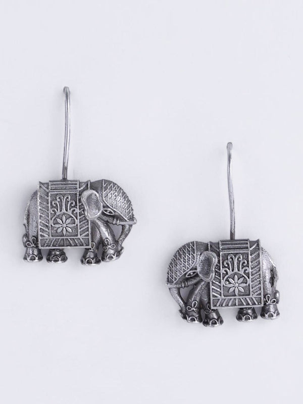 PANASH Silver Toned Elephant Shaped Oxidized Silver-Plated Drop Earrings