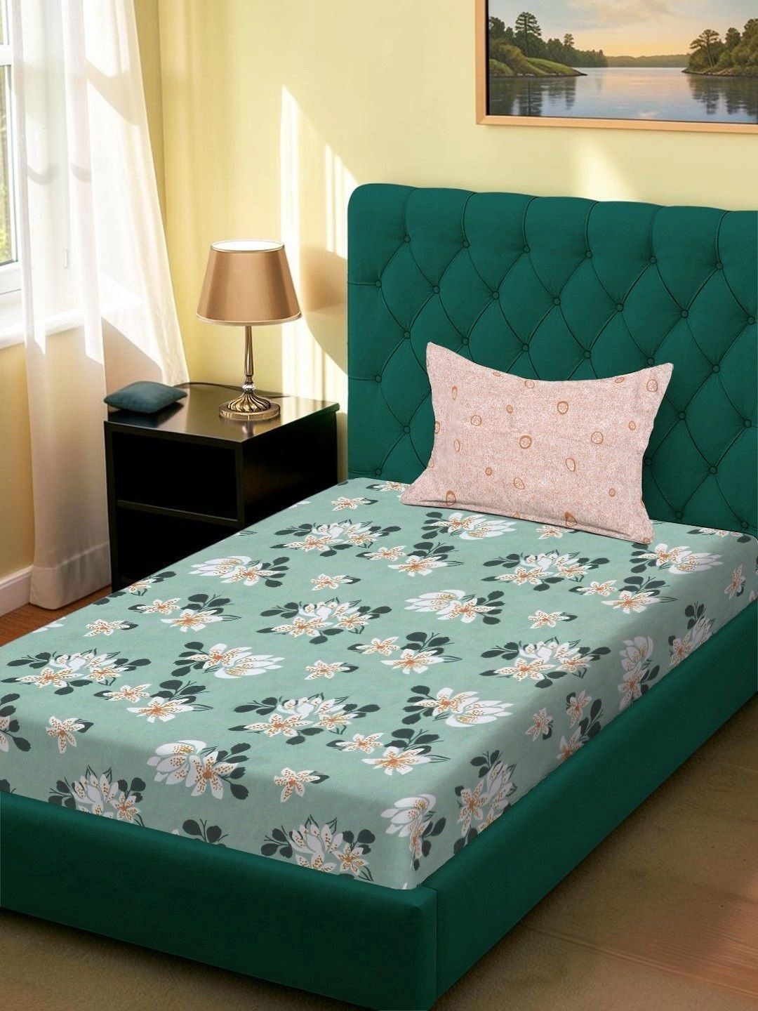 Moda Rapido X KLOTTHE Green & White Floral 120 TC Single Bedsheet with 1 Pillow Covers