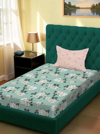 Moda Rapido X KLOTTHE Green & White Floral 120 TC Single Bedsheet with 1 Pillow Covers