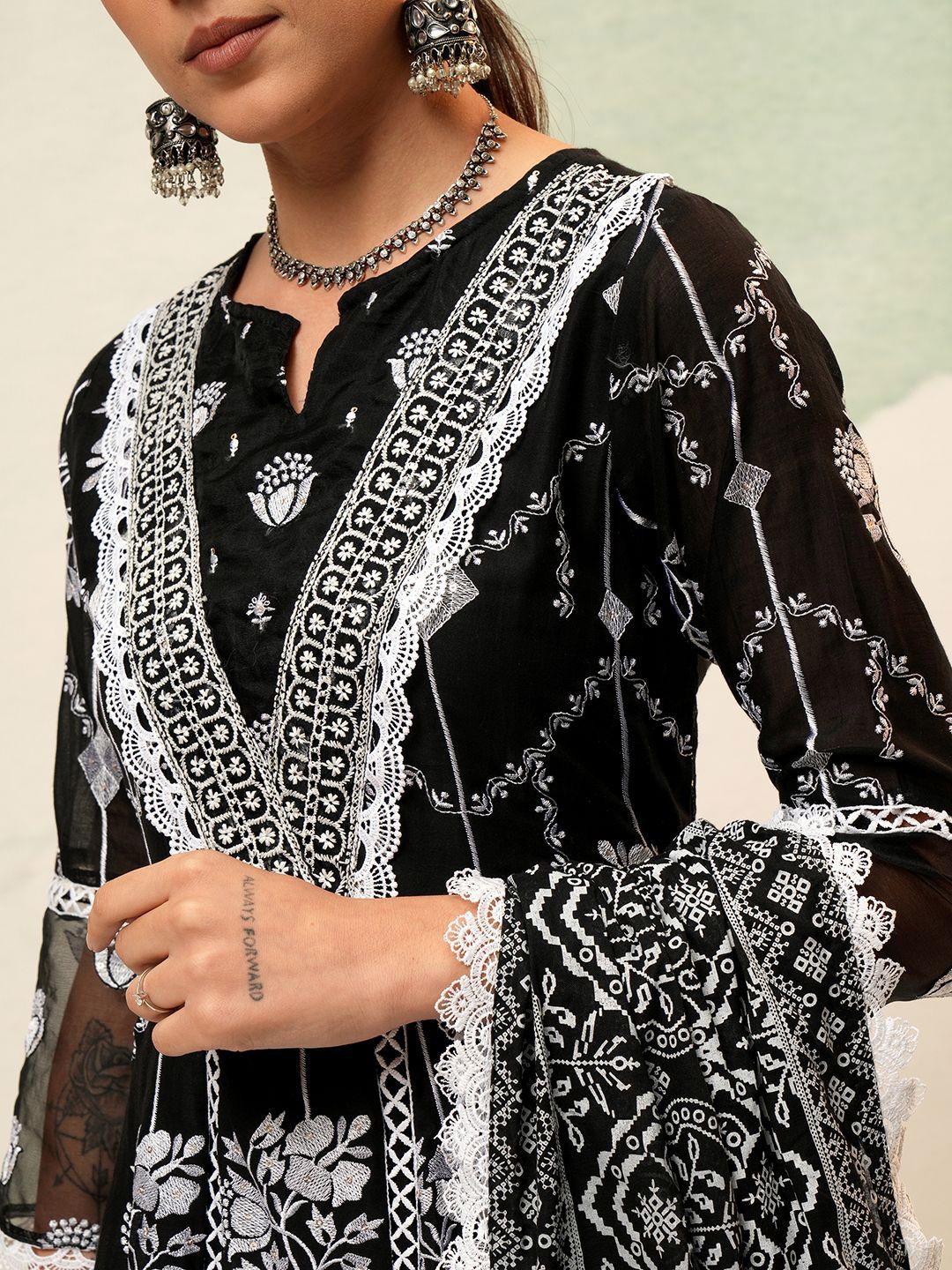 Vishudh Women Ethnic Motifs Embroidered Regular Pure Cotton Kurta with Trousers & Dupatta