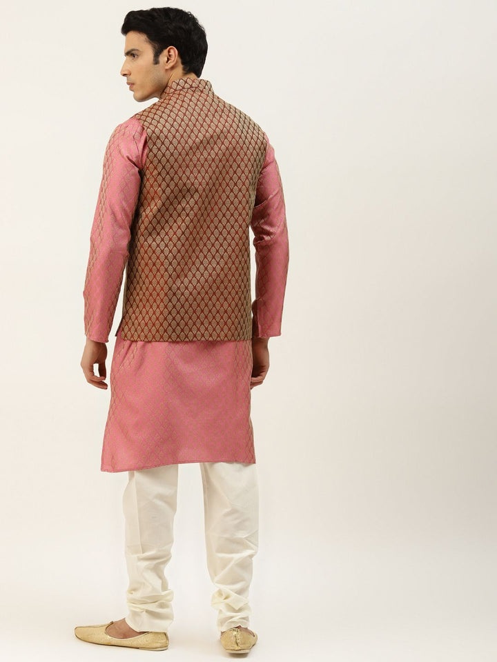 SOJANYA Men Pink & Golden Self Design Kurta with Churidar & Nehru Jacket