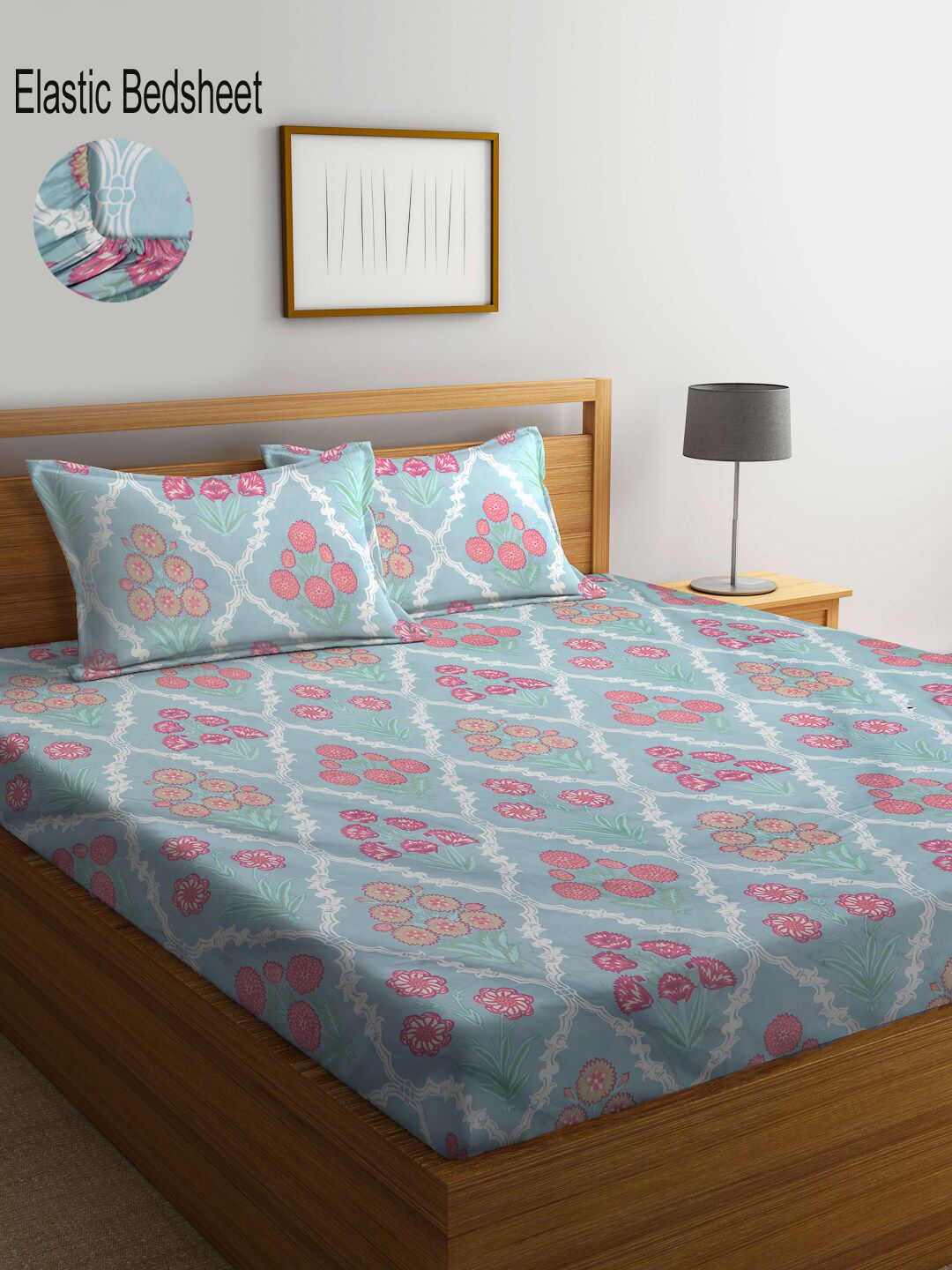 KLOTTHE Unisex Floral Blue 300 TC Fitted Double Bedsheet with 2 Pillow covers