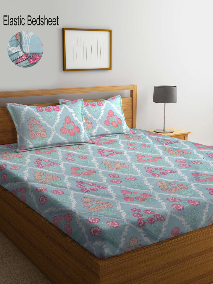 KLOTTHE Unisex Floral Blue 300 TC Fitted Double Bedsheet with 2 Pillow covers