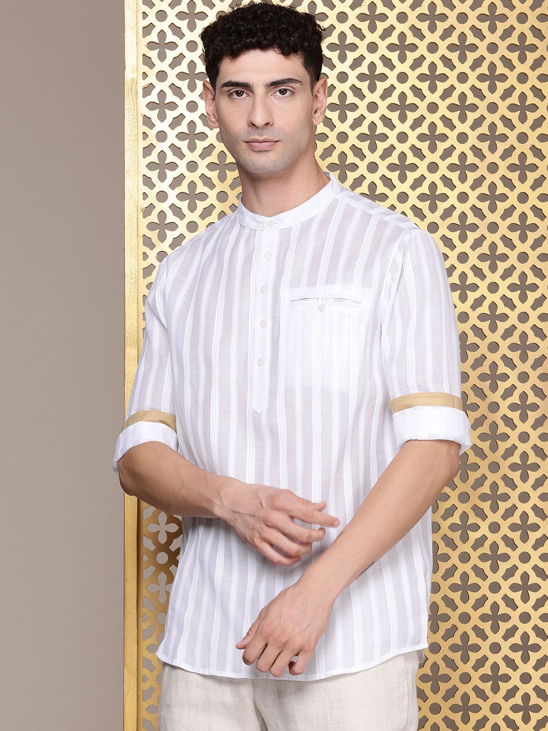 House of Pataudi Band Collar Striped Rozana Kurta