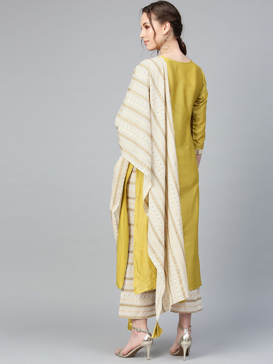 Indo Era Muted Dandelion Ethnic Stripes Keyhole Kurta Set with Stole