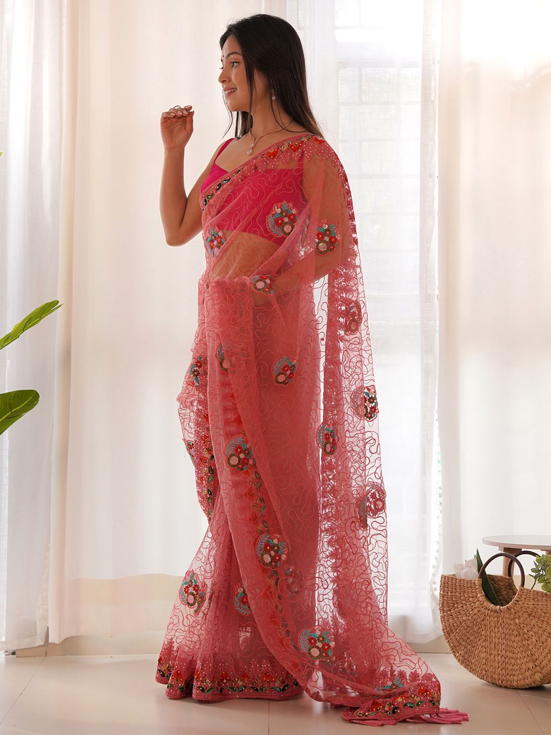 Saree mall Floral Embroidered Beads and Stones Net Sarees