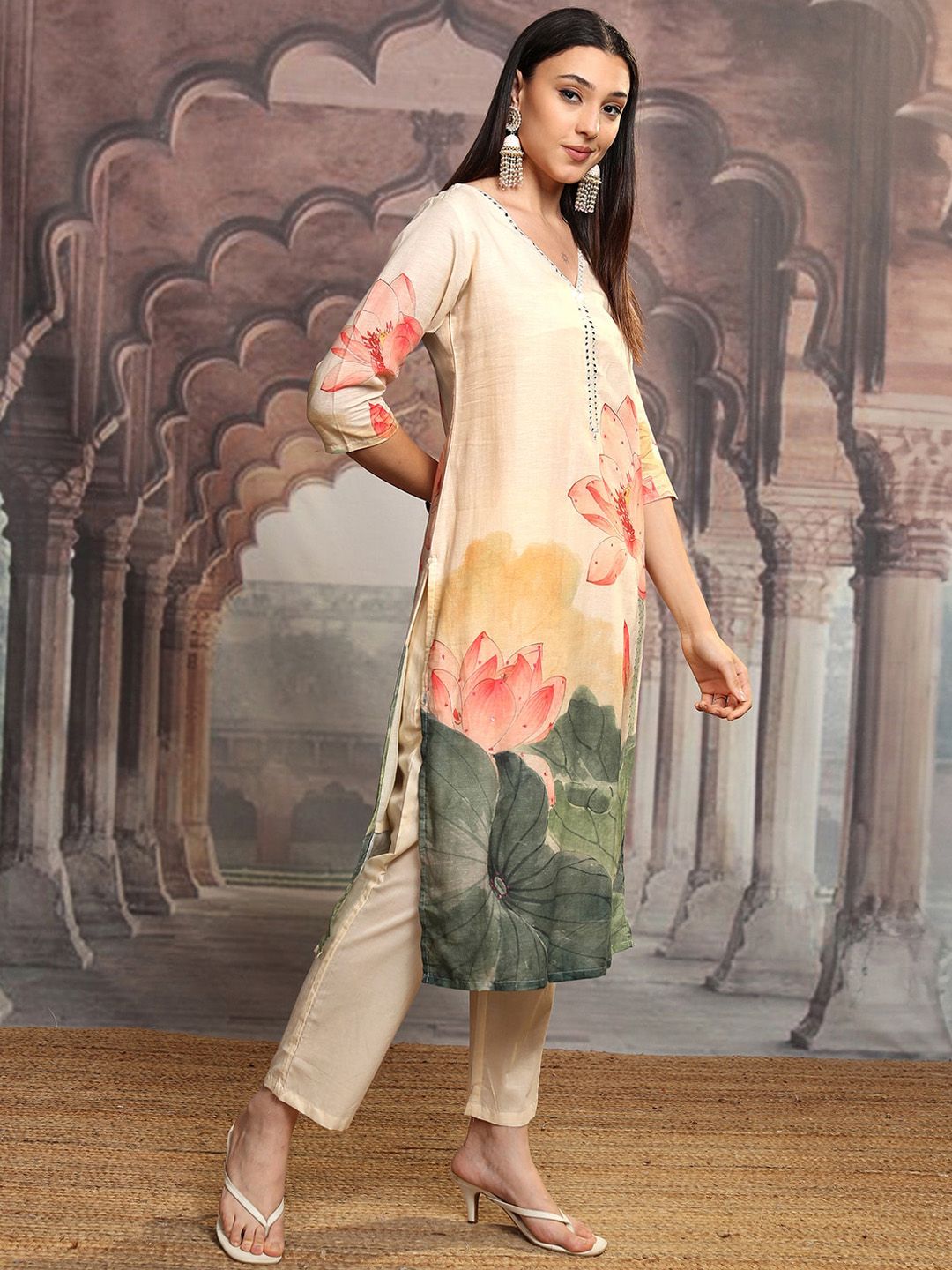 Vishudh Green Floral Printed Mirror Work Pure Cotton Kurta With Trousers & Dupatta