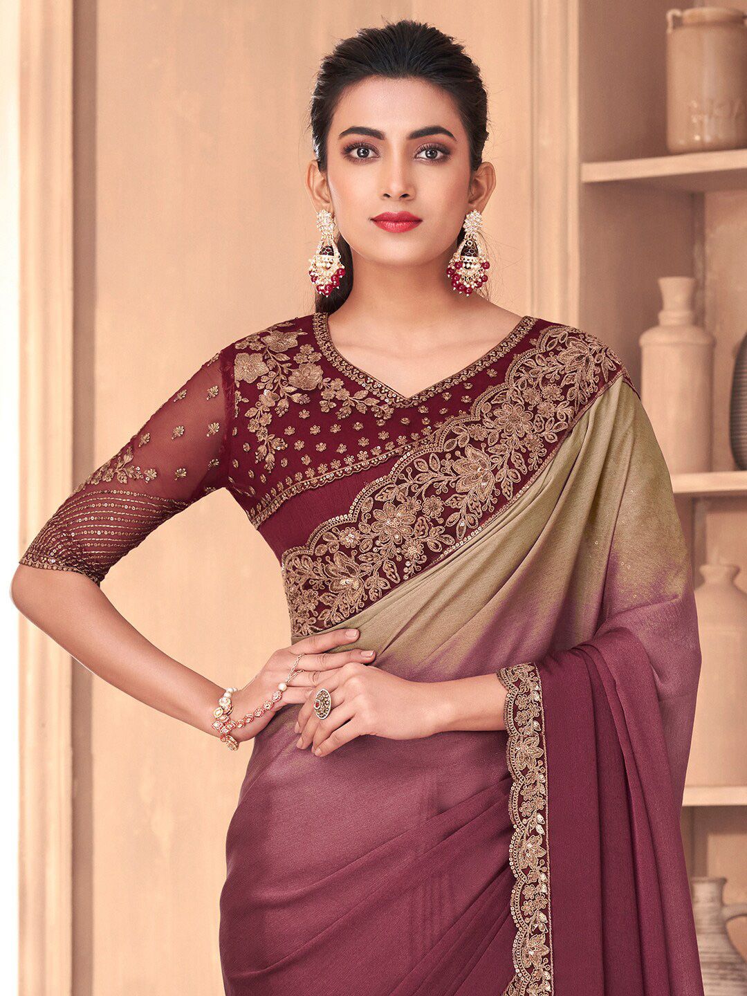 Saree mall Ombre Embroidered Poly Georgette Saree
