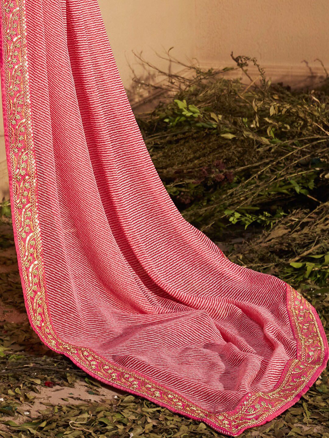 KALINI Striped Embroidered Pure Georgette Leheriya Saree