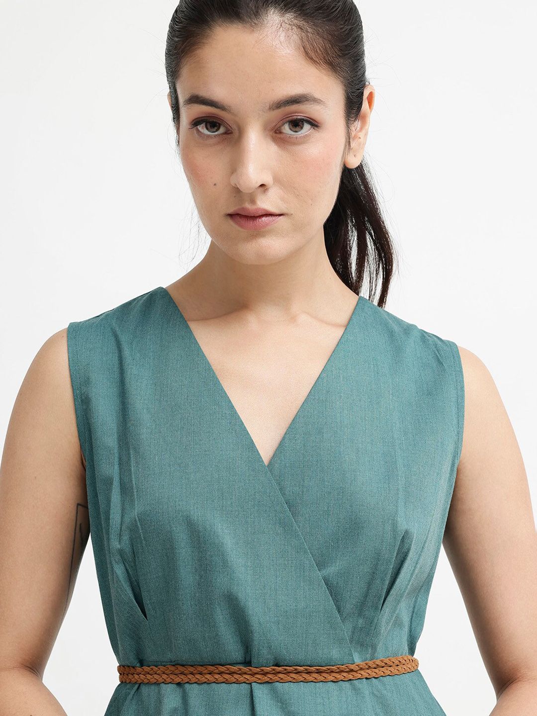 Rareism v-neck Cotton A-line midi Dress