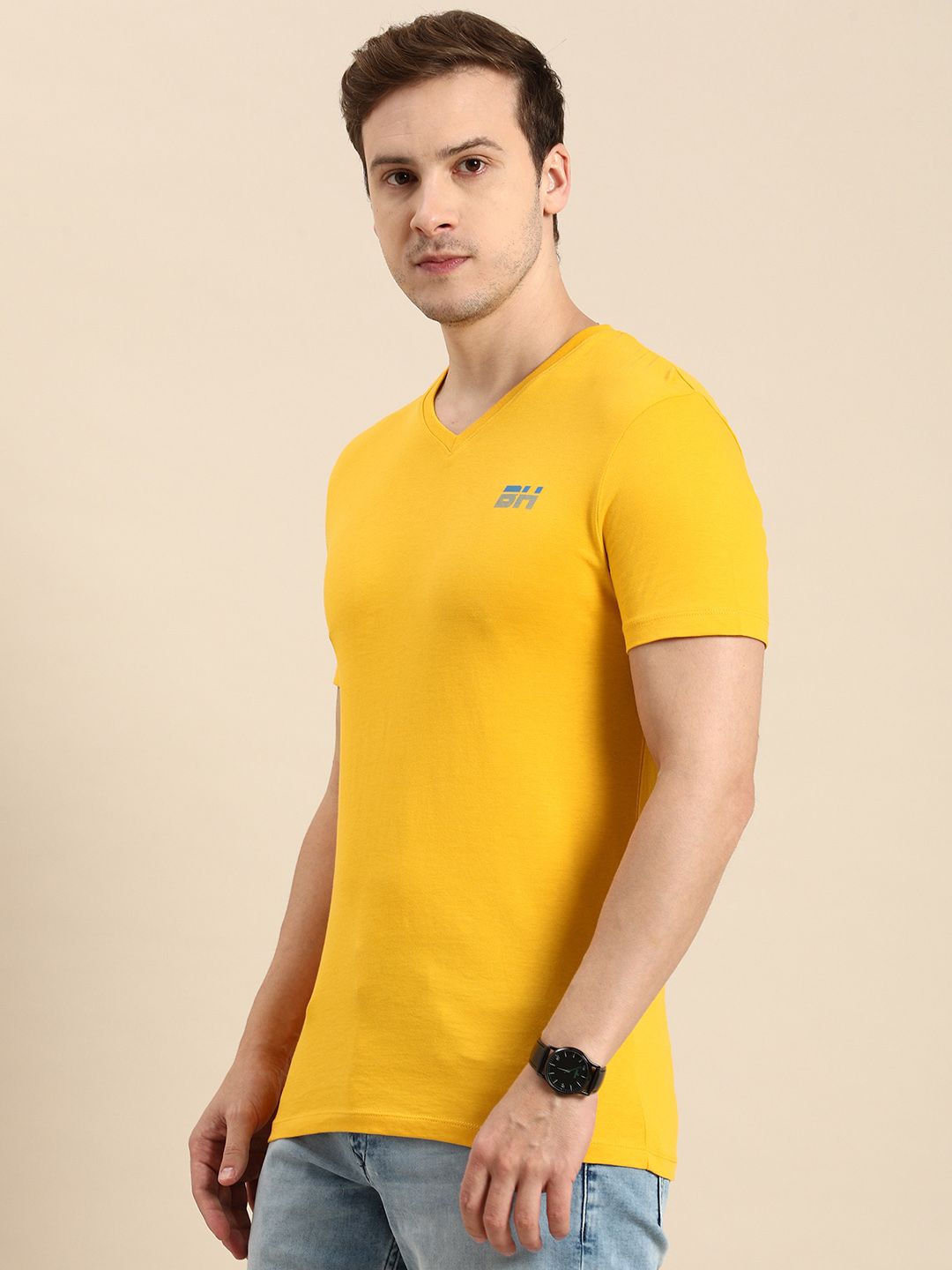 Being Human Solid V-Neck Pure Cotton T-shirt