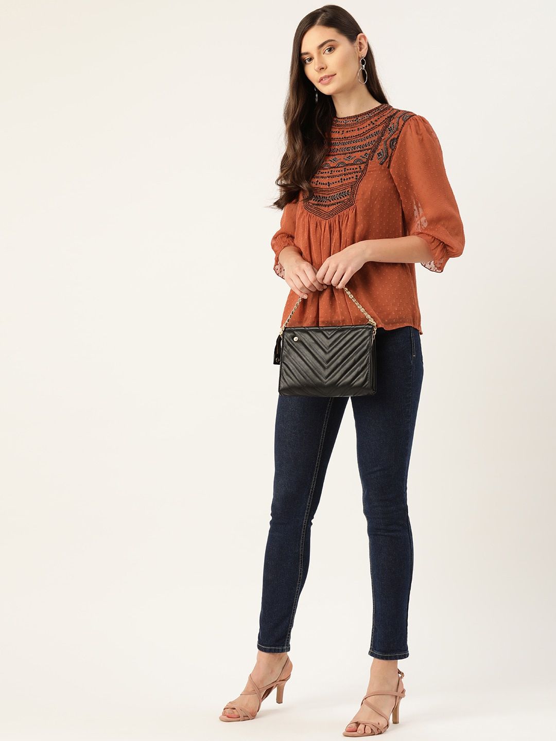 Antheaa Women Rust Brown & Black Embroidered Dobby Weave A-Line Top