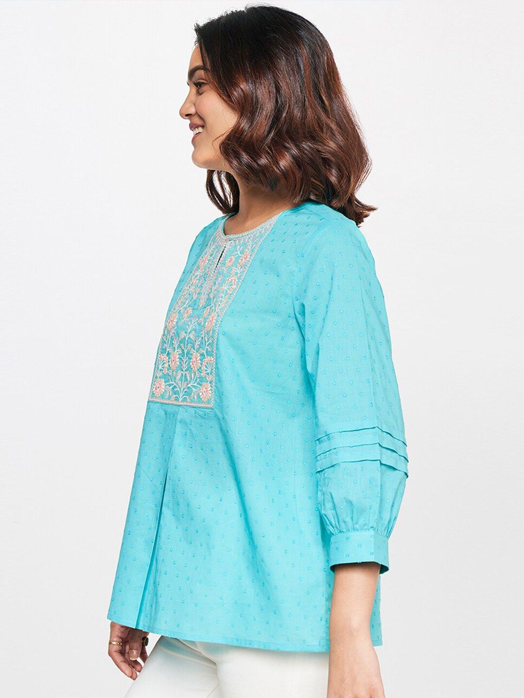 Global Desi Puff Sleeves Floral Embroidered Key-Hole Neck Pure Cotton Top