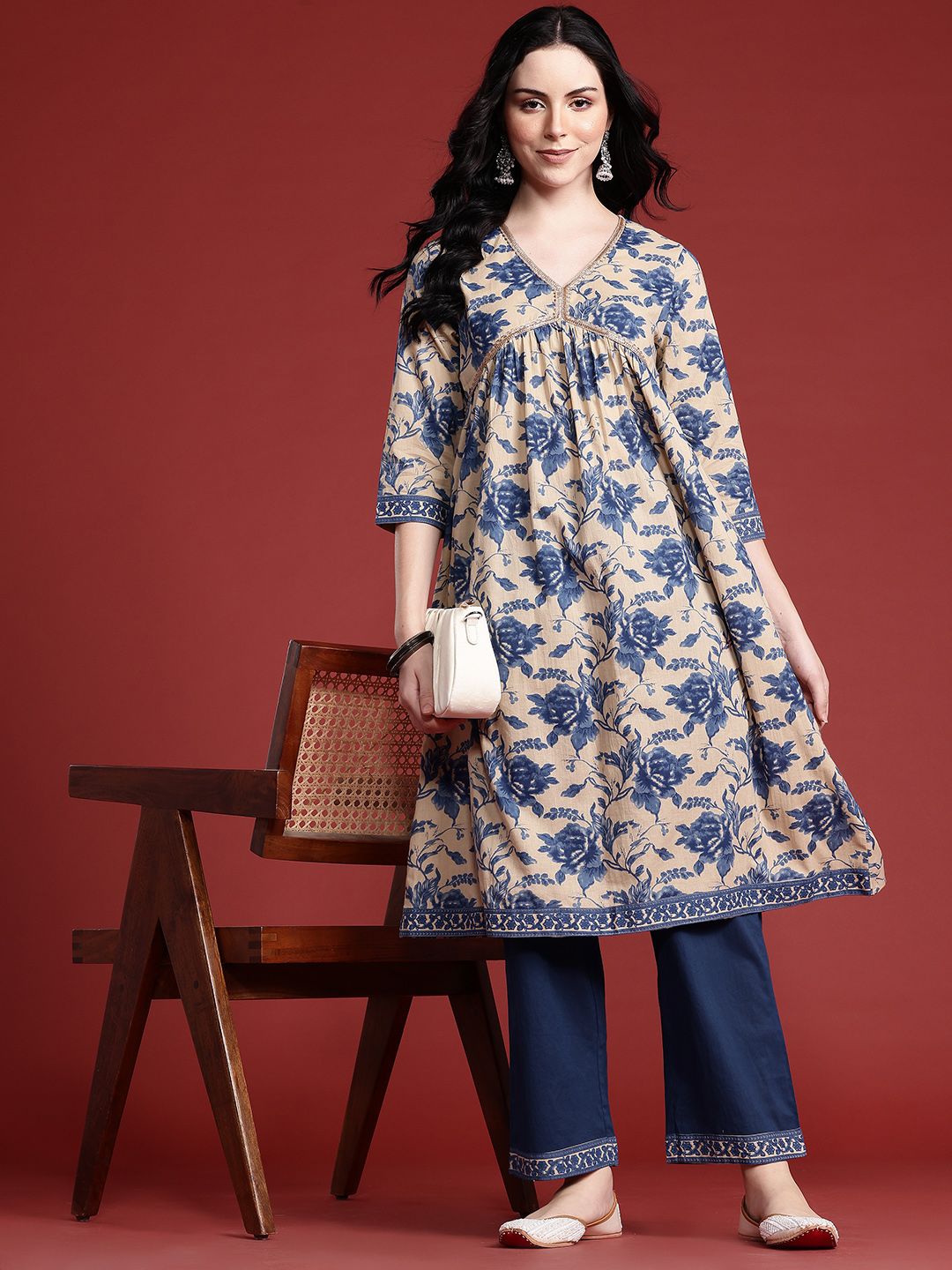 Anouk Women Gotta Patti Floral Printed Pleated Kurta with Trousers