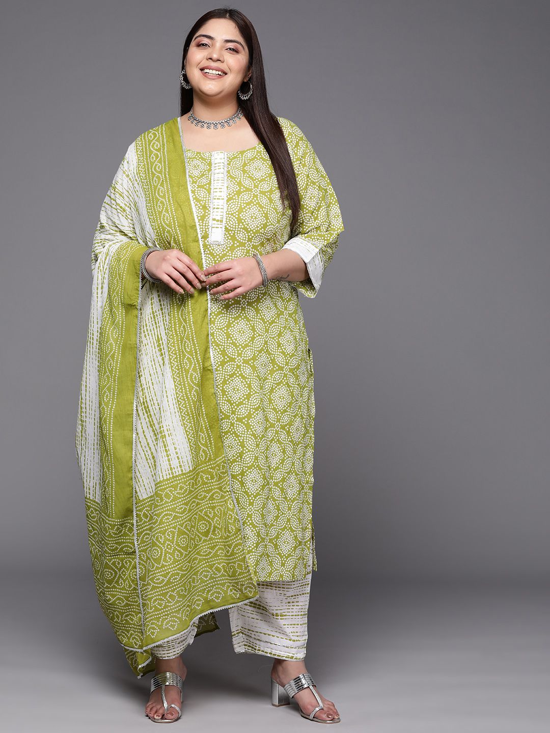EXTRA LOVE BY LIBAS Plus Size Bandhani Printed Gotta Patti Pure Cotton Kurta Set