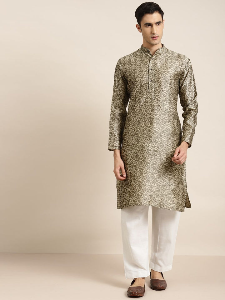 SOJANYA Men Beige Woven Design Jacquard Silk Straight Kurta