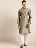 SOJANYA Men Beige Woven Design Jacquard Silk Straight Kurta