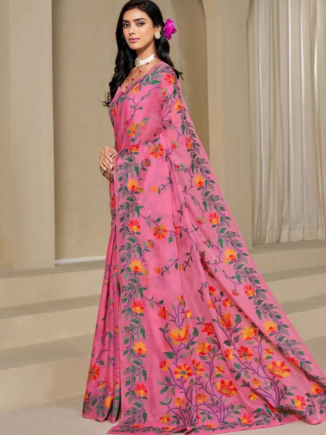 KALINI Pink Pure Cotton Woven Design Sarees