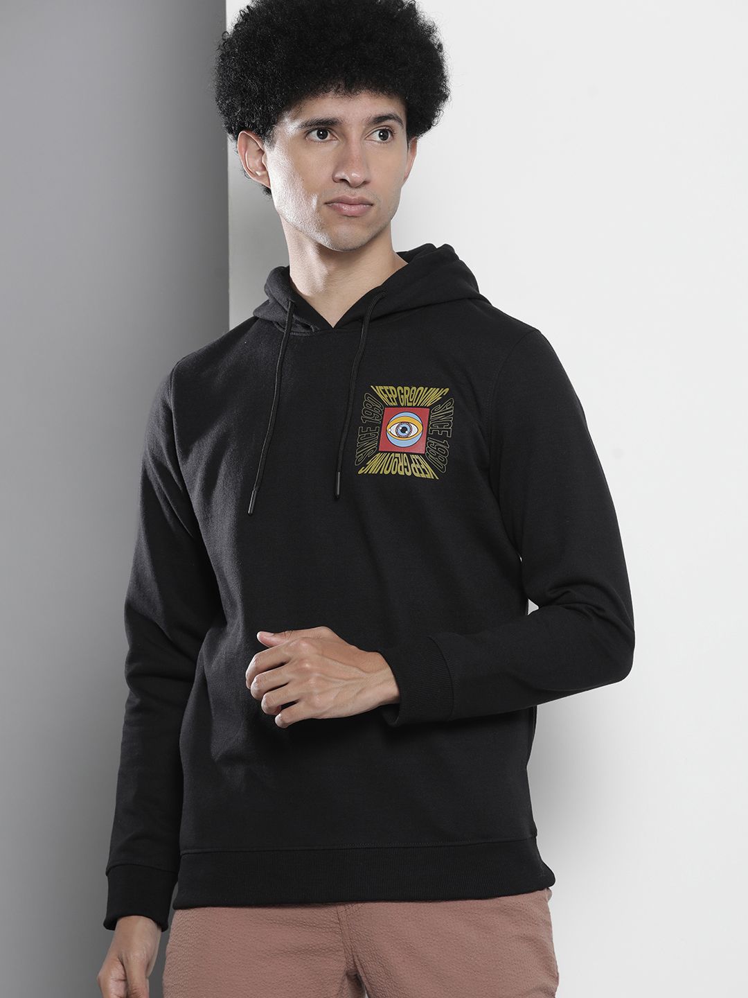 The Indian Garage Co Men Black Back Print Hooded Sweatshirt