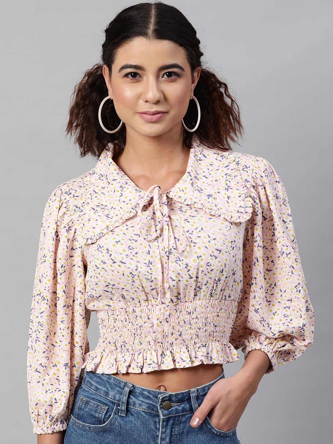STREET 9 Women Pink Floral Tie-Up Neck Cinched Waist Crop Top