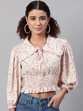 STREET 9 Women Pink Floral Tie-Up Neck Cinched Waist Crop Top