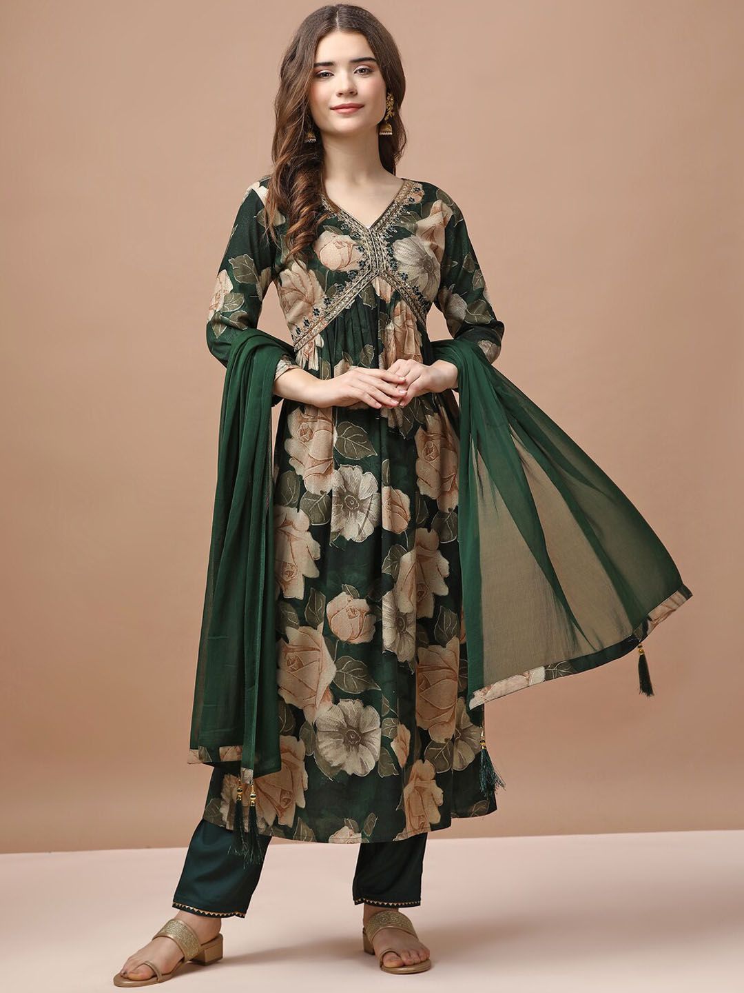 KALINI Floral Printed Empire Sequinned Kurta With Trousers & Dupatta