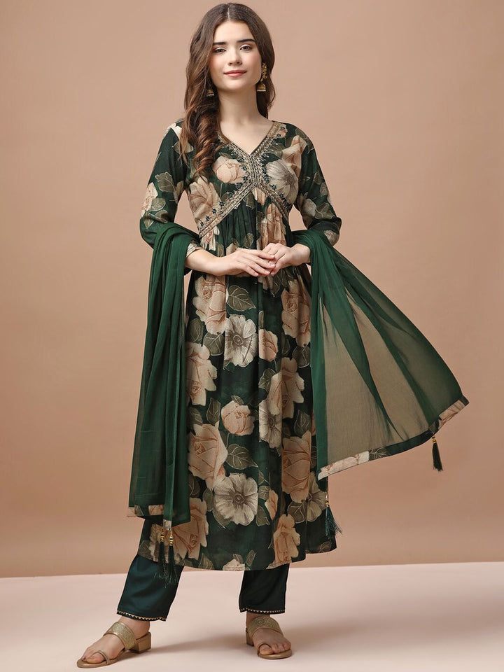 KALINI Floral Printed Empire Sequinned Kurta With Trousers & Dupatta
