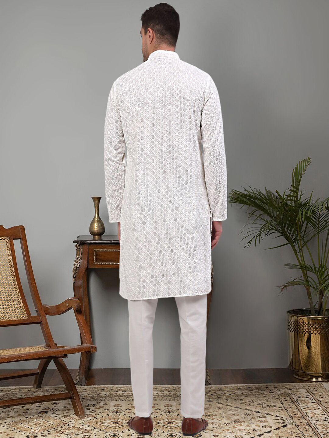 Jompers Geometric Embroidered Regular Sequinned Kurta with Trousers