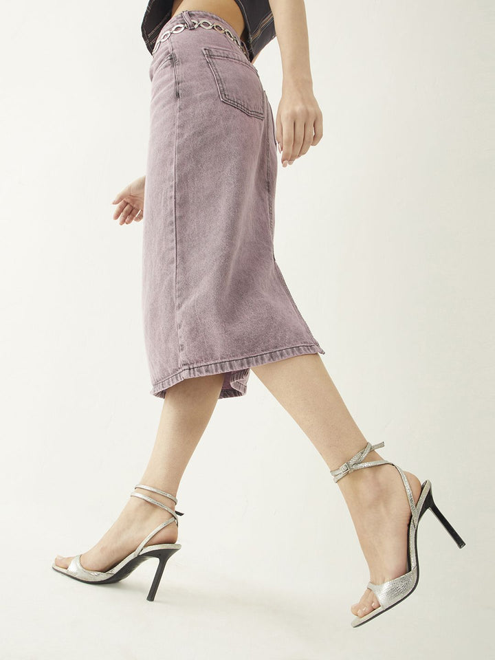 DressBerry Women Urban Vibe Back Slit Denim Faded A-Line Skirt