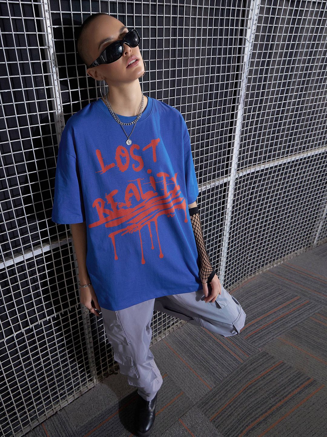 SASSAFRAS Blue Graphic Printed Drop-Shoulder Oversized Pure Cotton T-shirt