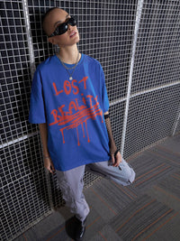 SASSAFRAS Blue Graphic Printed Drop-Shoulder Oversized Pure Cotton T-shirt
