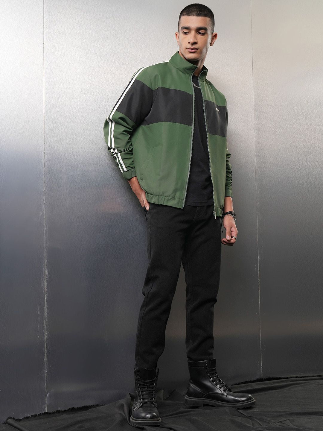 HIGHLANDER Men Colourblocked Crop Bomber with Patchwork Jacket
