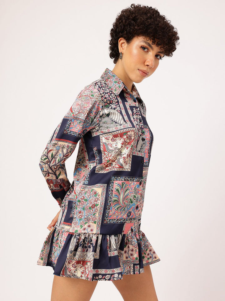DressBerry Paisley Frames Flounce Hem Shirt-Style Mini Dress