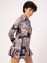 DressBerry Paisley Frames Flounce Hem Shirt-Style Mini Dress