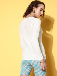 SASSAFRAS Women White Ribbed Acrylic Pullover