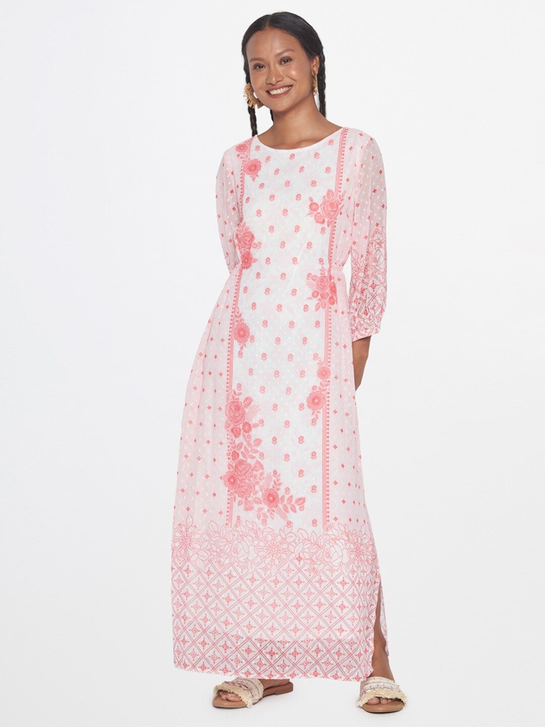 Global Desi Floral Printed Puff Sleeve Maxi Dress