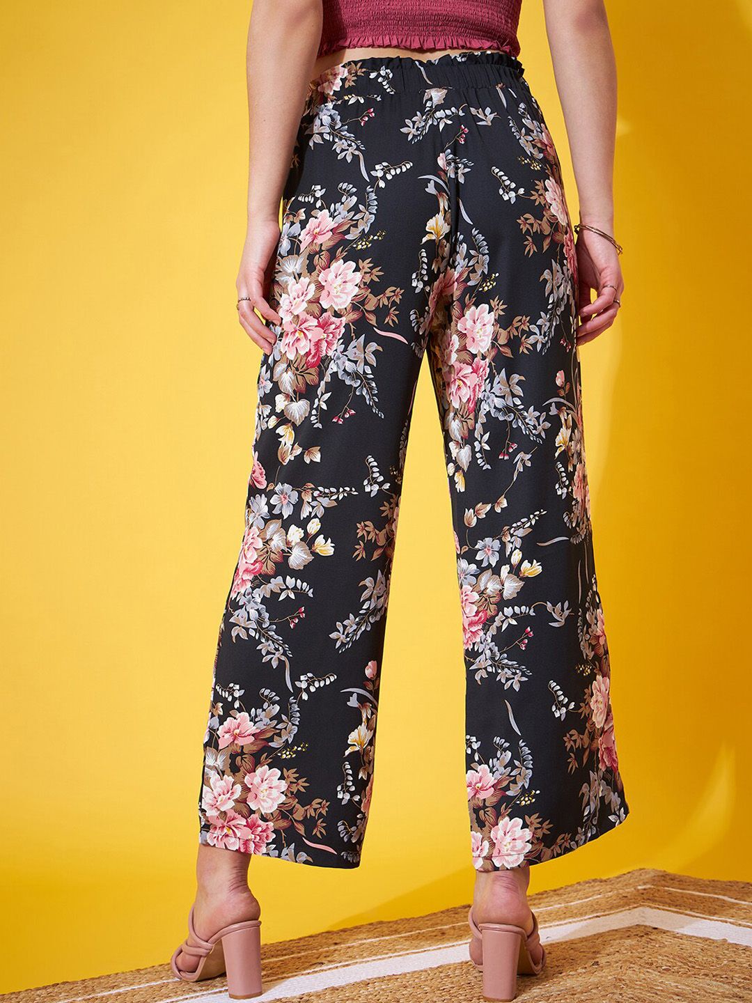 Berrylush Women Floral Printed Relaxed Straight Leg Regular Fit High-Rise Plain Trousers