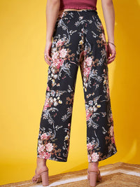 Berrylush Women Floral Printed Relaxed Straight Leg Regular Fit High-Rise Plain Trousers