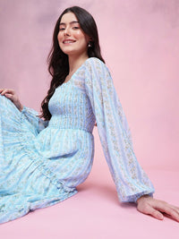 DressBerry Floral Print Smocked Ruffled Tiered Midi Dress