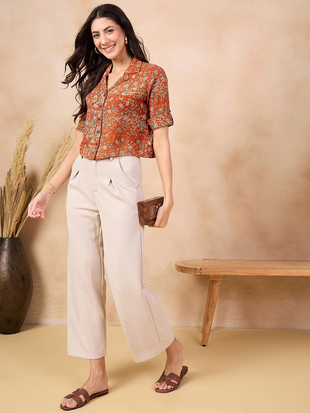 Anouk Rust Floral Print Cotton Shirt Style Top