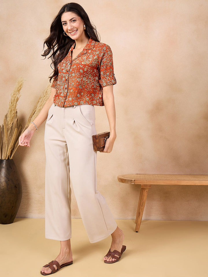 Anouk Rust Floral Print Cotton Shirt Style Top