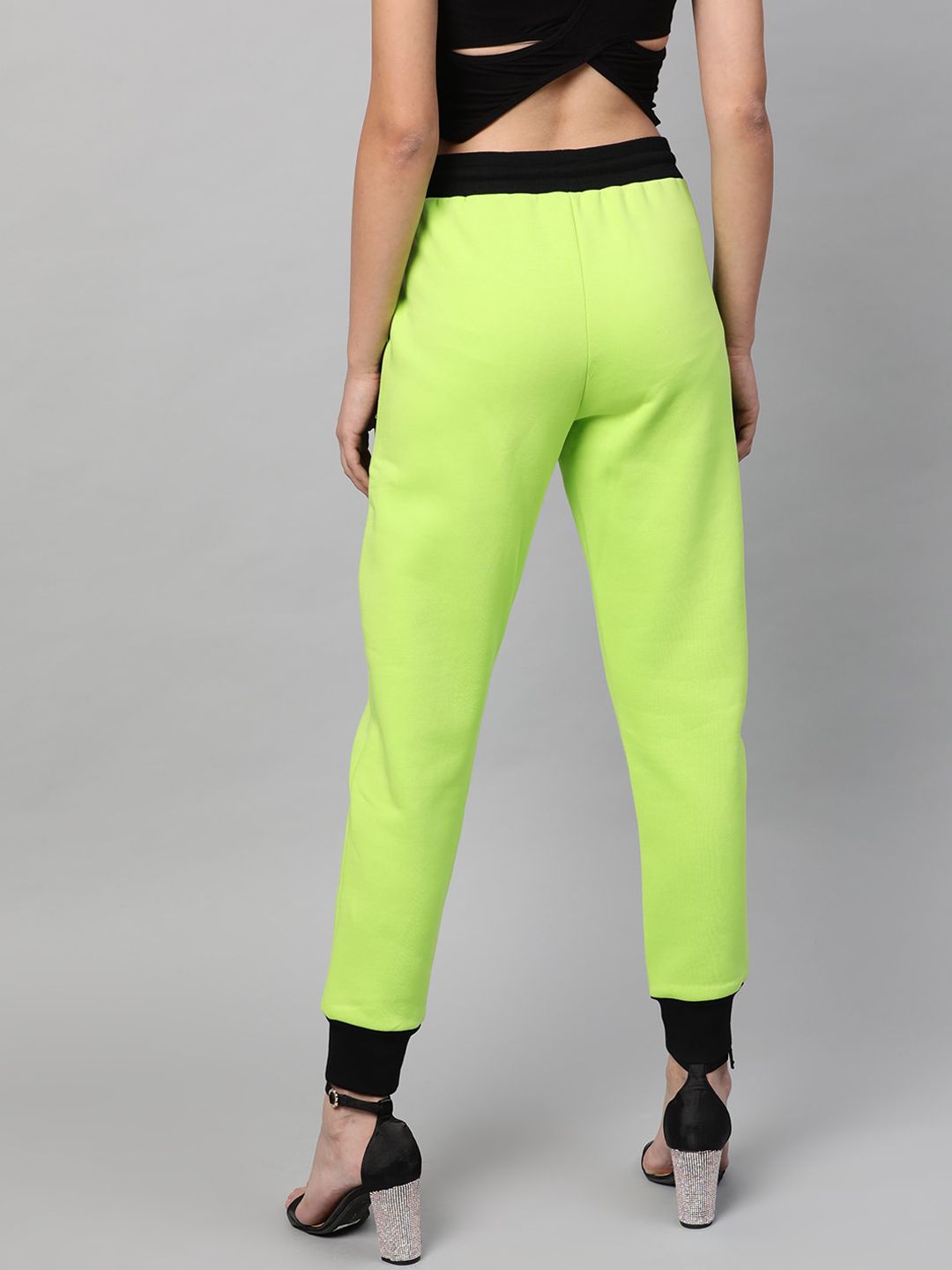 STREET 9 Women Fluorescent Green & Black Colourblocked Slim Fit Solid Joggers
