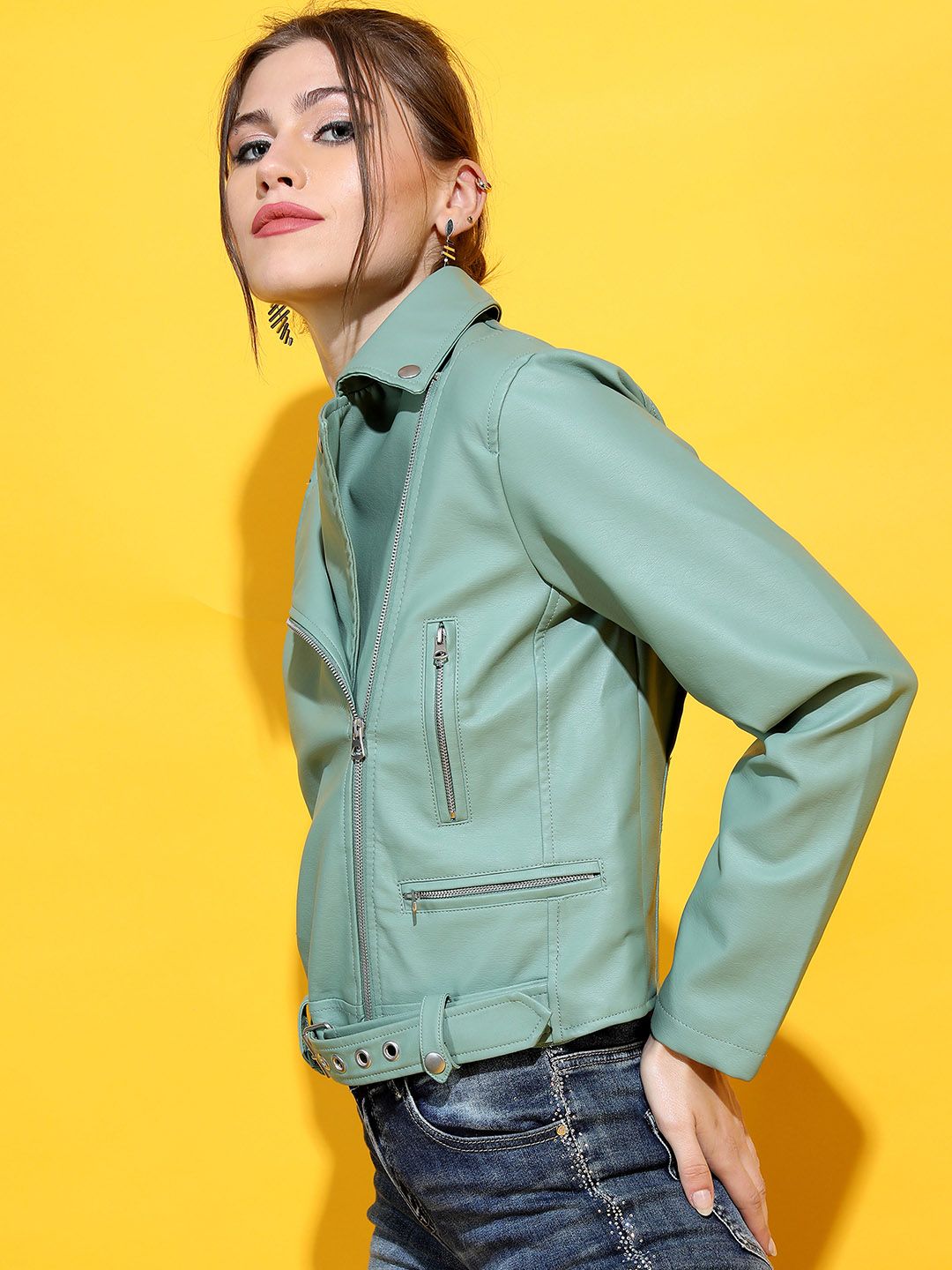 Tokyo Talkies Women Olive Green Crop Biker Jacket