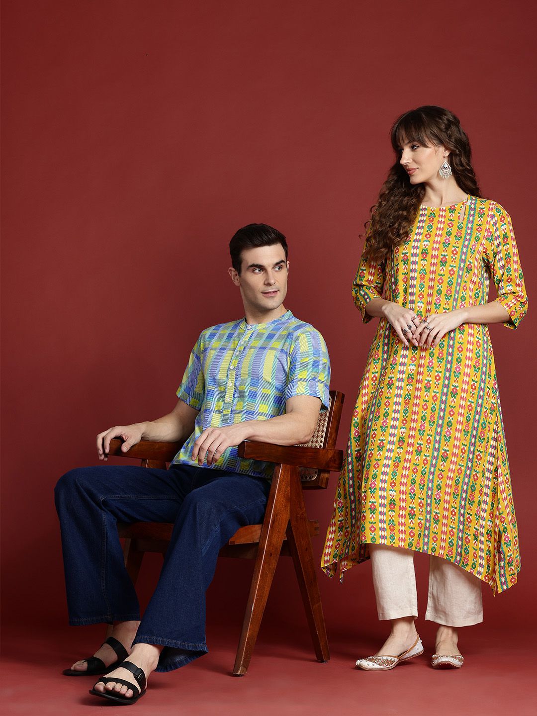 Anouk Women Mustard Yellow & Green Ethnic Motifs Printed A-Line Kurta