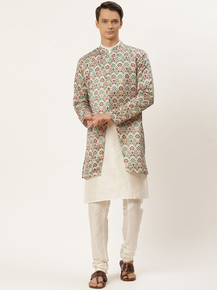 SOJANYA Men Off White & Maroon Ethnic Motifs Print Kurta & Churidar with Tailored Jacket