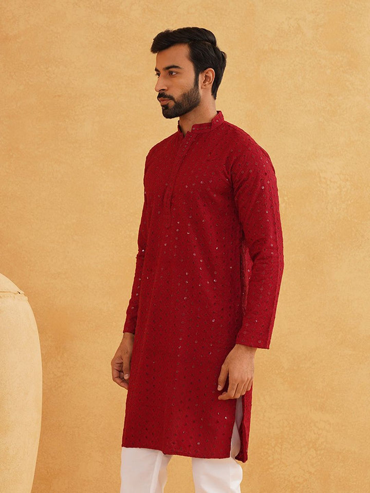 SOJANYA Motif Etnik Bersulam Labuci Lengan Panjang Kurta Kapas Tulen Lurus