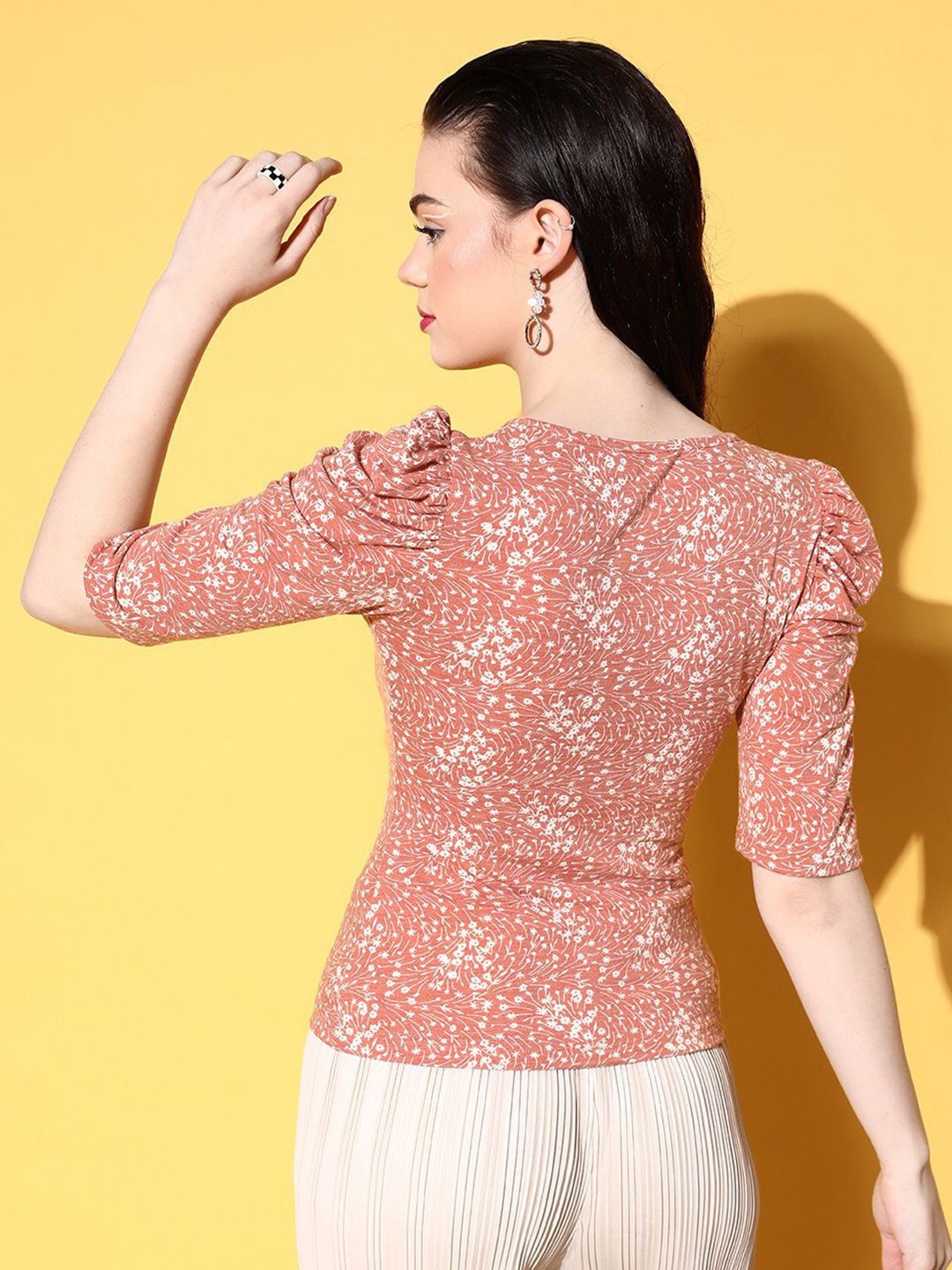 Berrylush Rust Brown & Off White Floral Print Wrap T-shirt