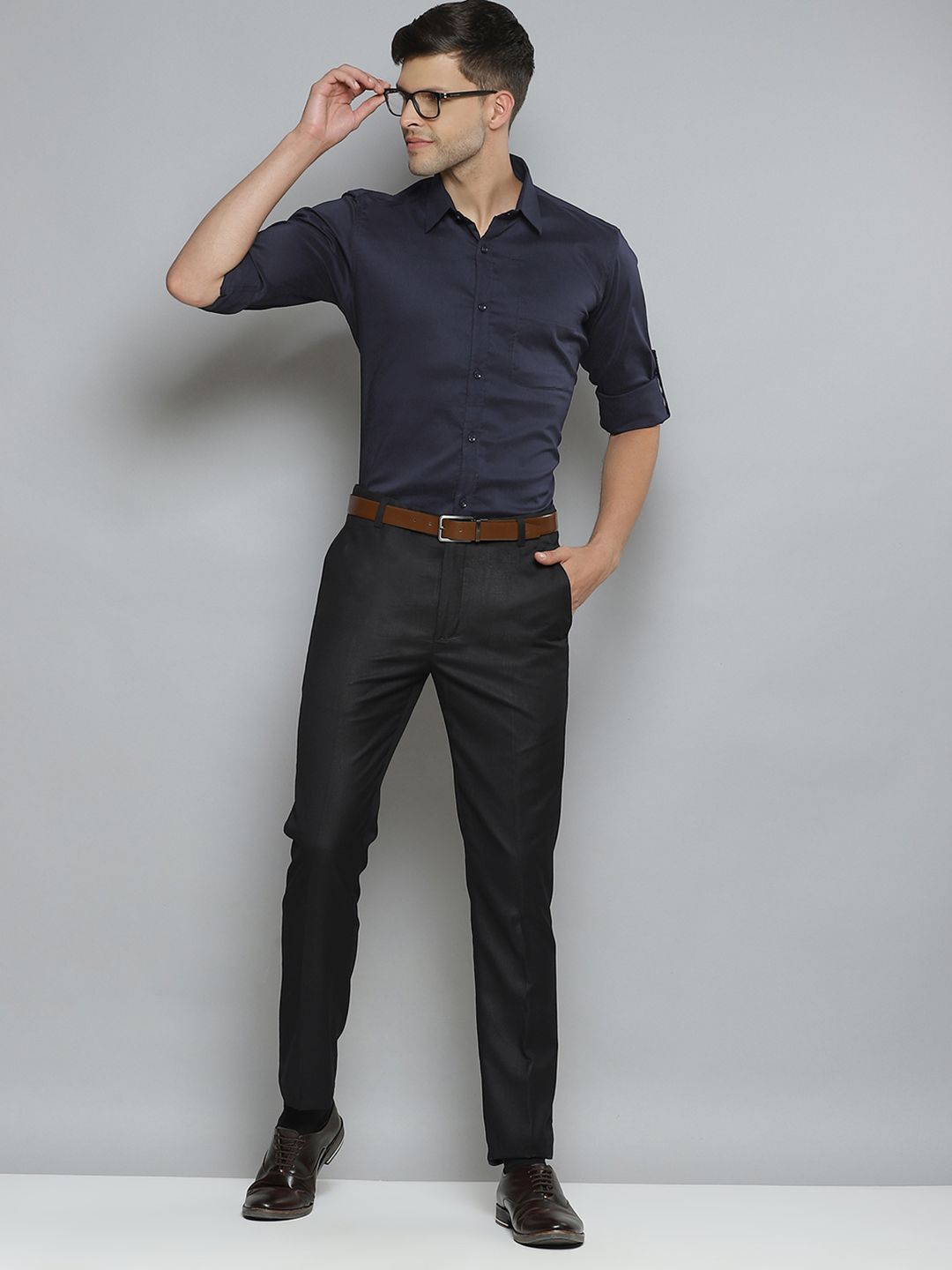 DENNISON Men Navy Blue Smart Slim Fit Stretchable Lycra Formal Shirt